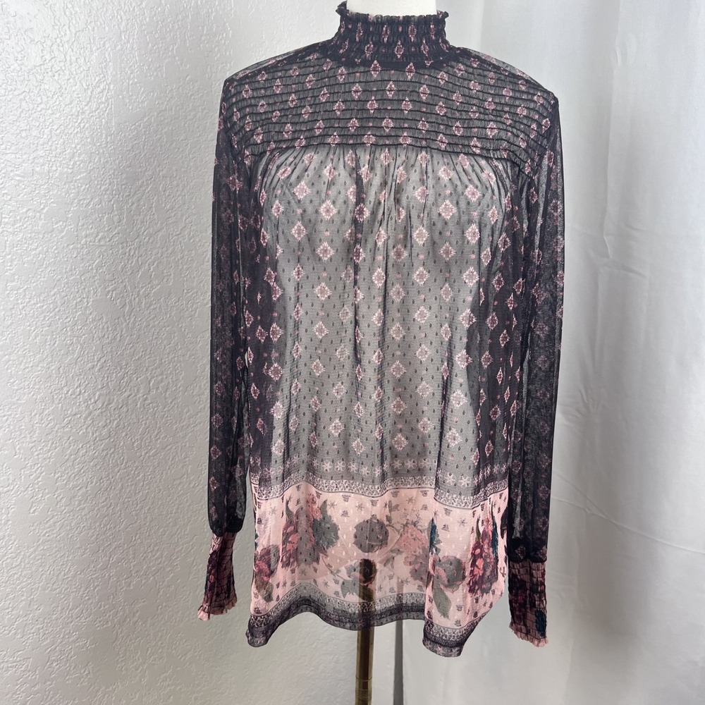 Y2K Sheer Smocked Top Womens Large Floral Mesh Cottagecore Romantic Boho Peasant